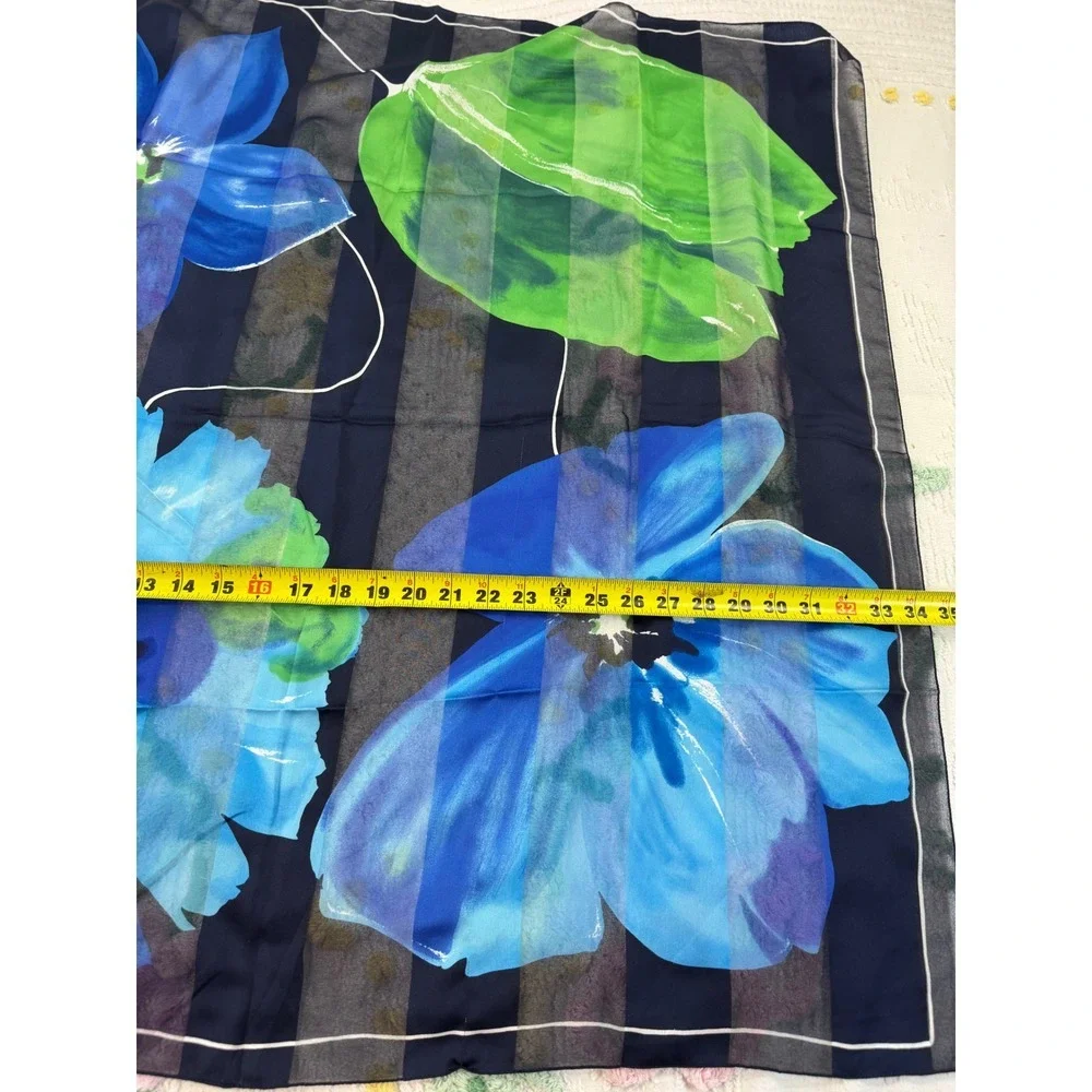Vintage Italian Floral Square Scarf Navy Blue Striped Sheer Made in Italy 34x34